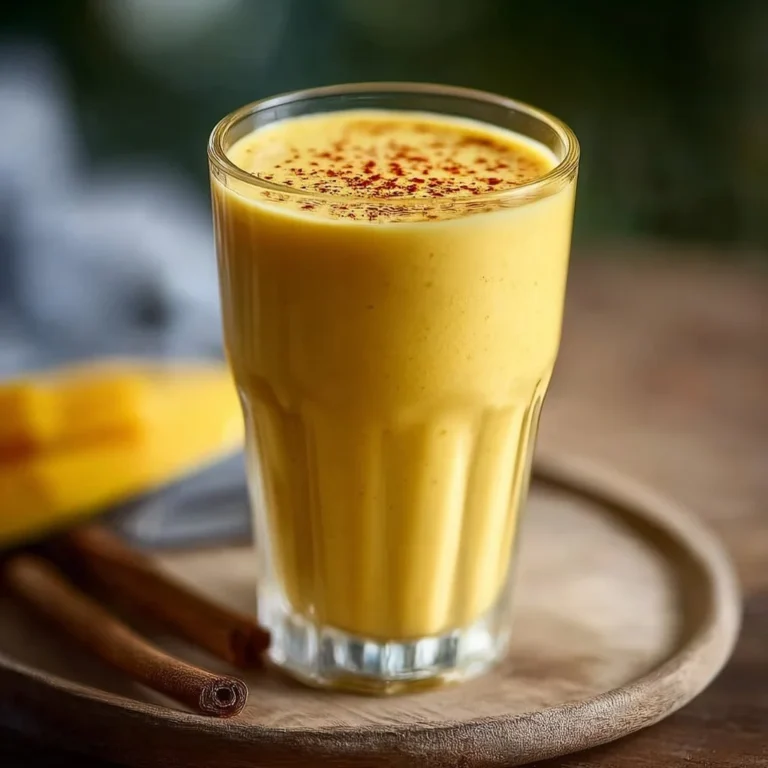 A refreshing glass of Mango Lassi topped with a sprinkle of cardamom.