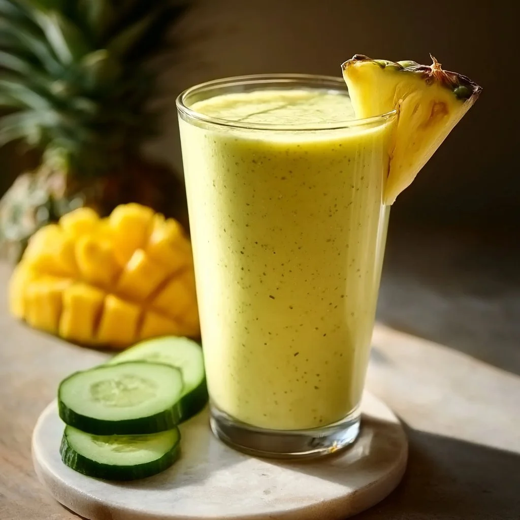 Mango Pineapple Cucumber Smoothie in a glass with fresh ingredients
