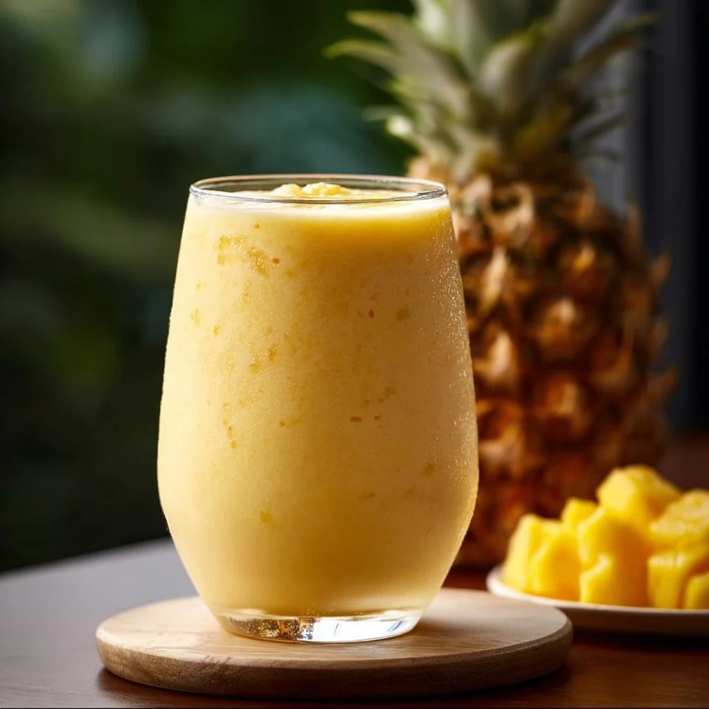 Mango Pineapple Smoothie served in a glass with fresh fruit
