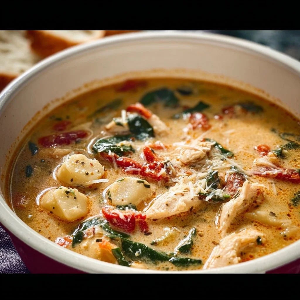 Delicious bowl of Marry Me Tuscan Chicken Soup with fresh herbs and ingredients.