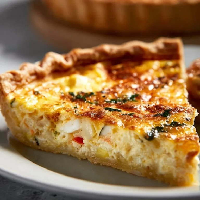 Martha Stewart's delicious crab quiche served on a wooden table