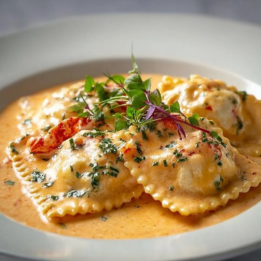 Plate of lobster ravioli with vodka cream sauce garnished with herbs