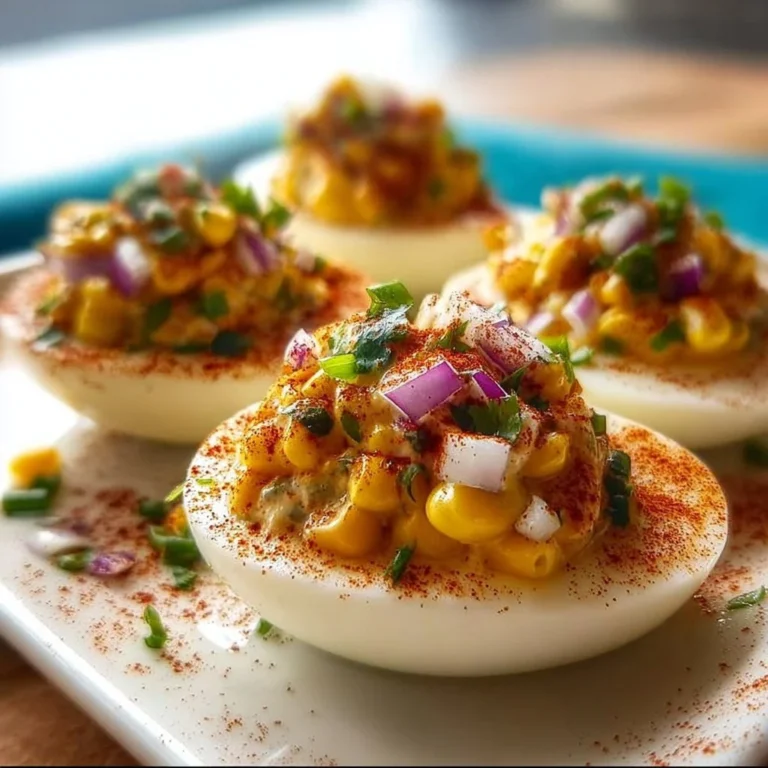 Mexican Elote Deviled Eggs topped with corn and spices on a plate