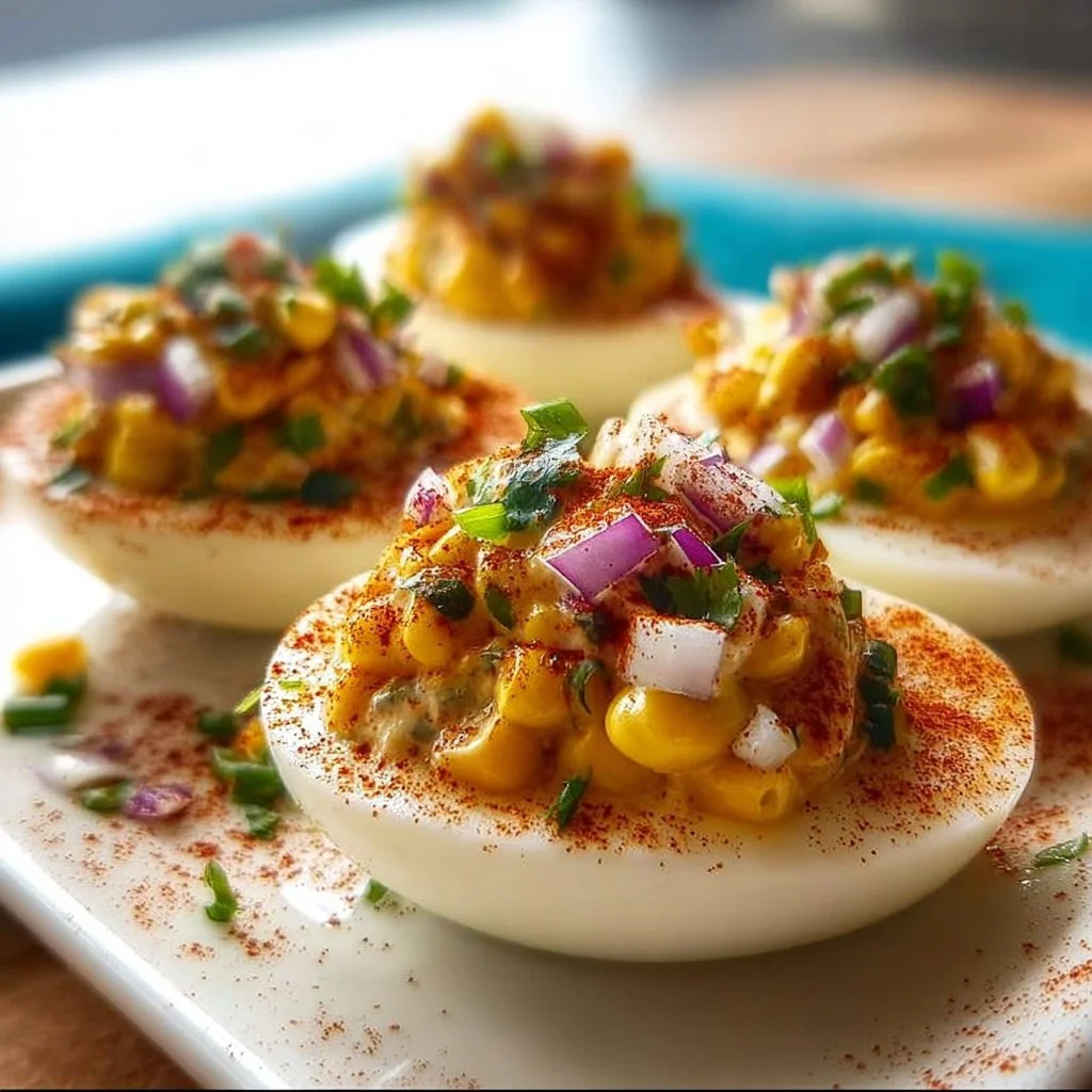 Mexican Elote Deviled Eggs topped with corn and spices on a plate