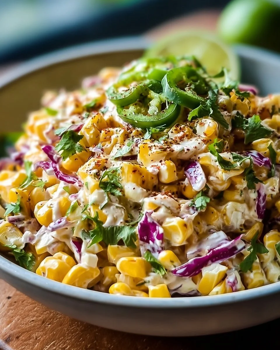 Bowl of Mexican Street Corn Coleslaw garnished with cilantro and lime