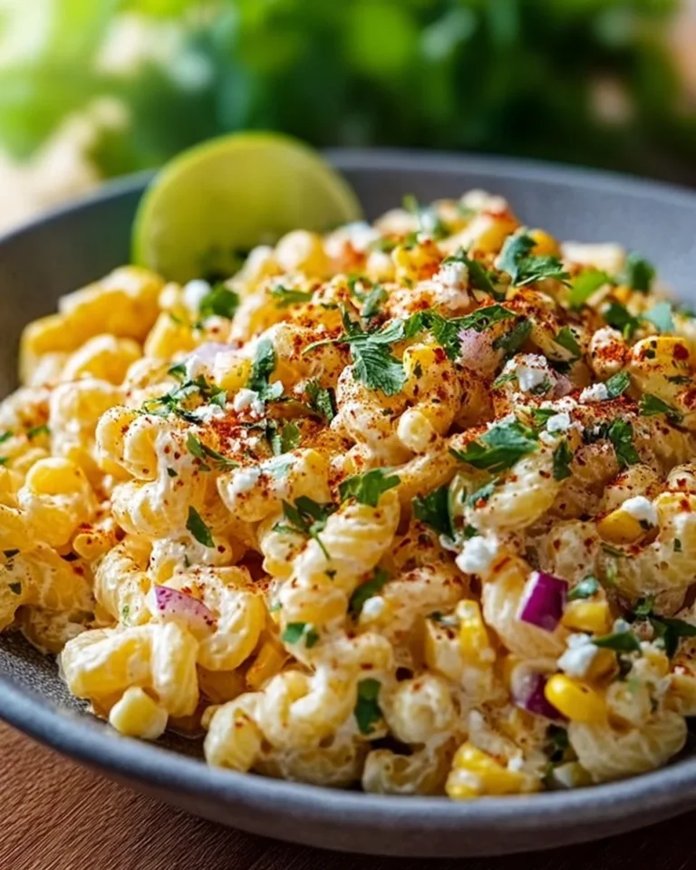 Bowl of delicious Mexican street corn pasta salad with fresh vegetables and herbs.