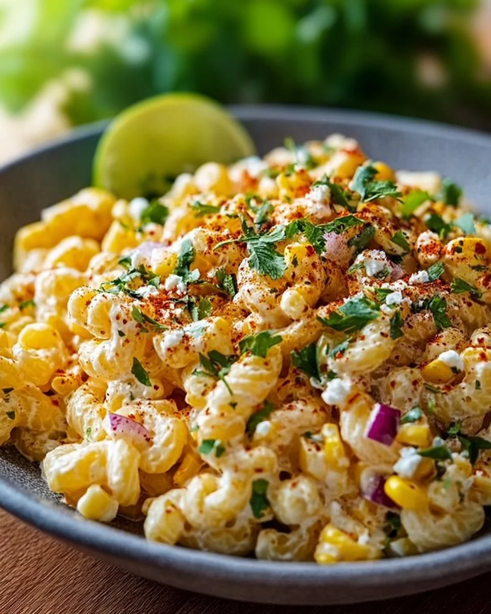 Bowl of delicious Mexican street corn pasta salad with fresh vegetables and herbs.