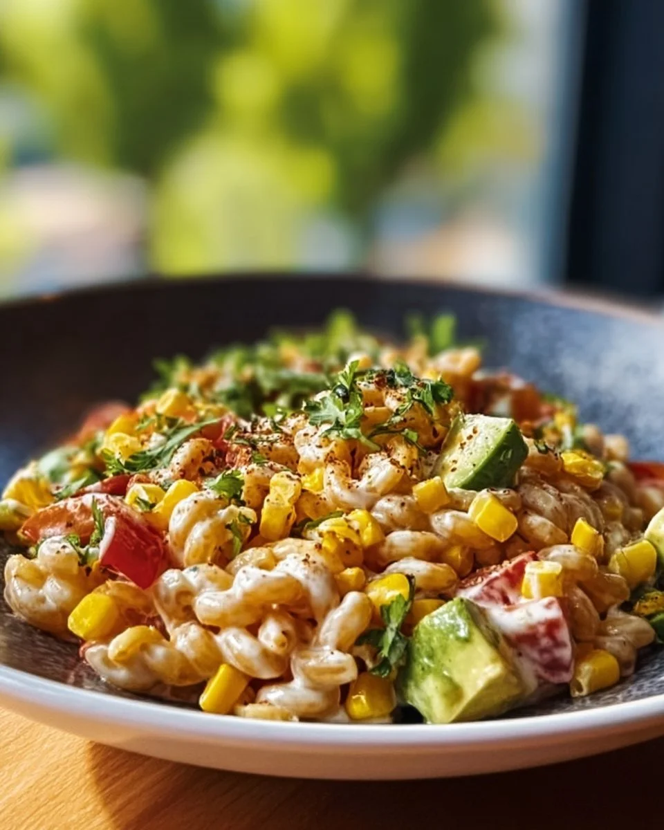 Bowl of Mexican street corn pasta salad with fresh ingredients and vibrant colors.