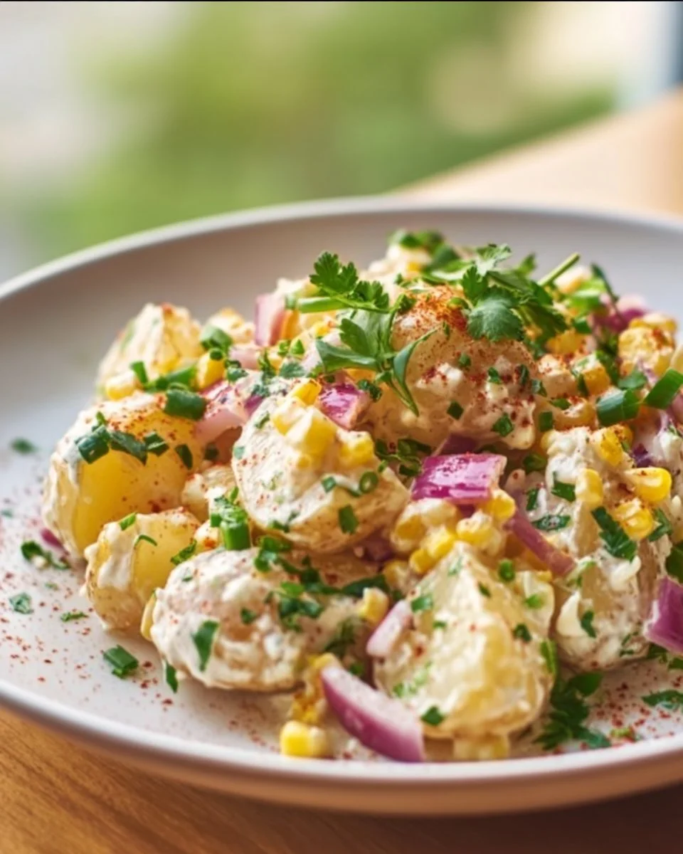 Mexican Street Corn Potato Salad with fresh ingredients and vibrant colors