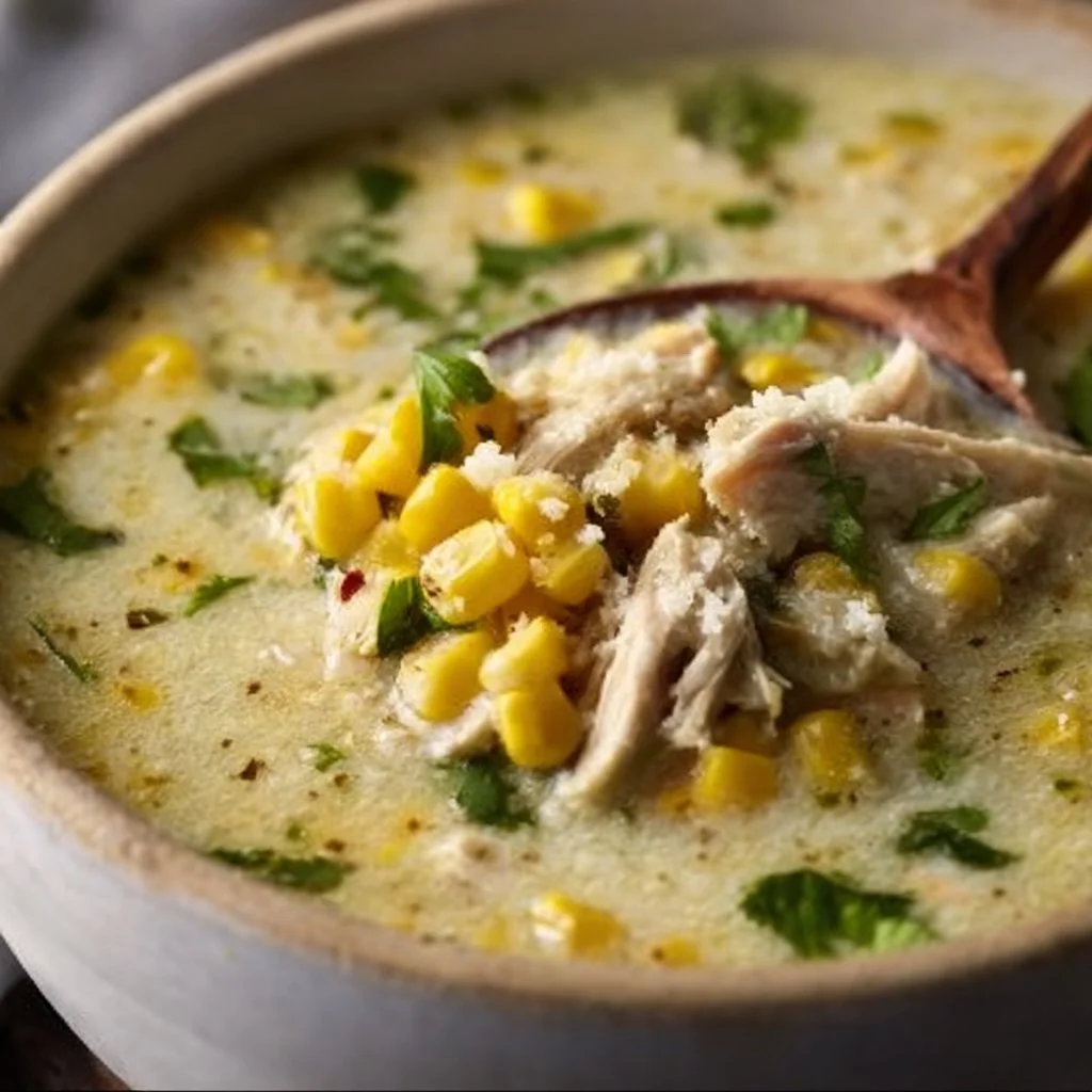 Bowl of Mexican Street Corn White Chicken Chili topped with fresh cilantro