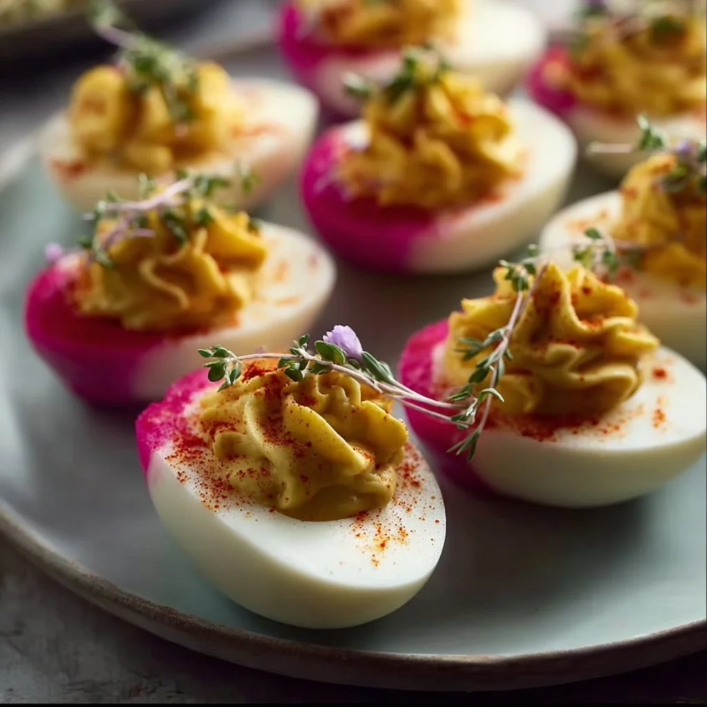 Plate of Mimosa Eggs garnished with herbs, perfect for brunch.