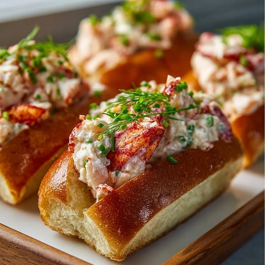 Mini lobster rolls served on a platter with fresh ingredients
