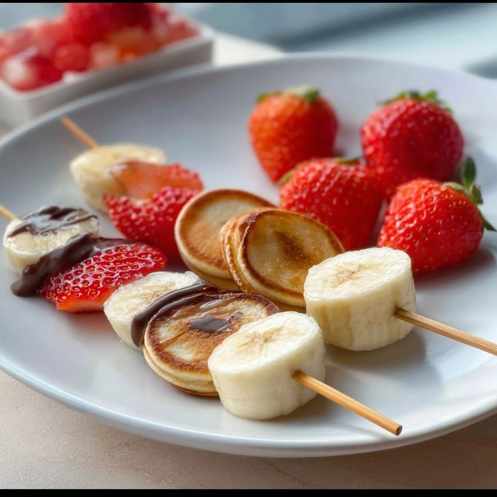 Mini pancake skewers with strawberries, banana slices, and chocolate drizzle