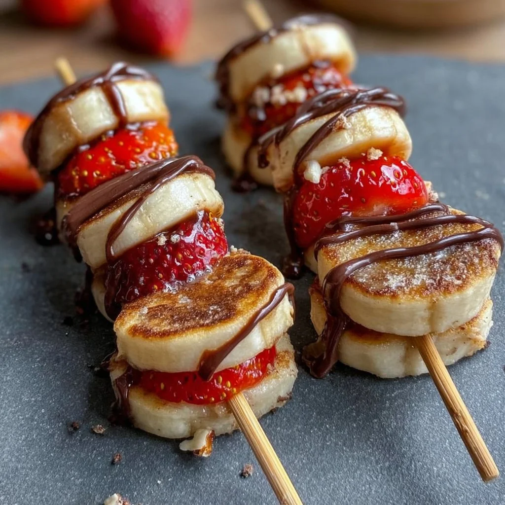 Mini Pancake Skewers with Strawberries, Banana, and Chocolate