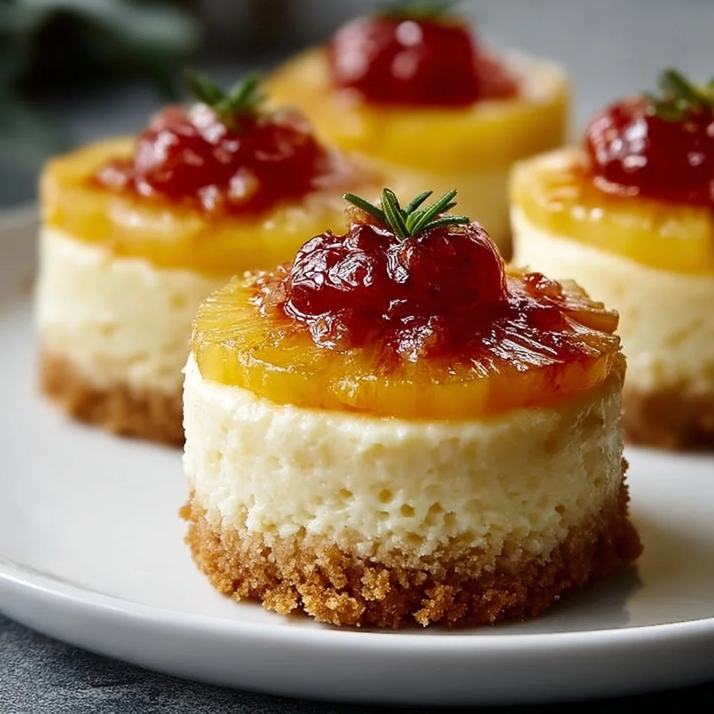 Mini pineapple upside-down cheesecakes topped with pineapple slices and cherries