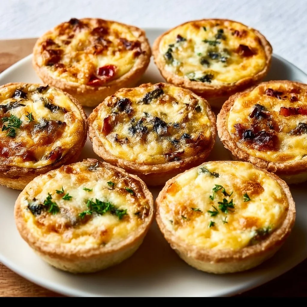 Plate of assorted mini quiches, a delicious and versatile appetizer.