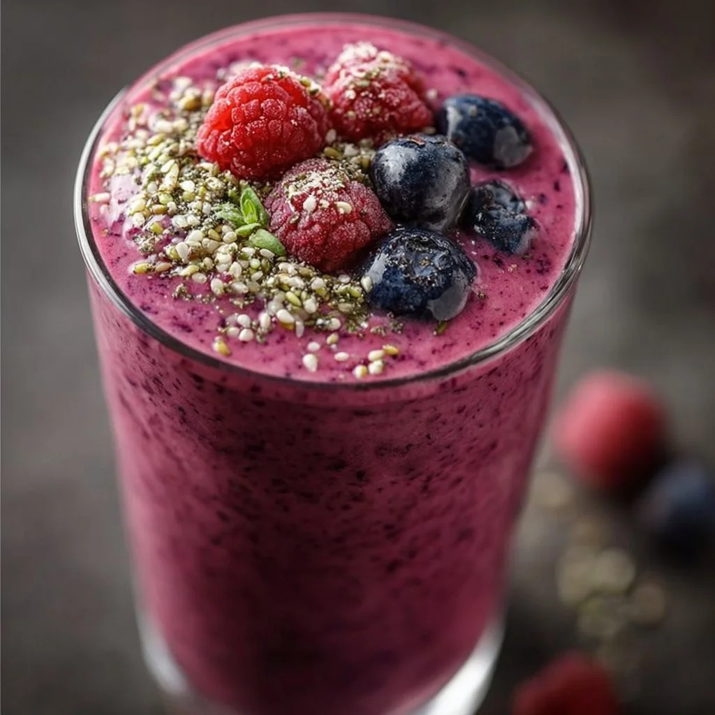 Delicious mixed berry smoothie with hemp seeds for a protein-rich drink