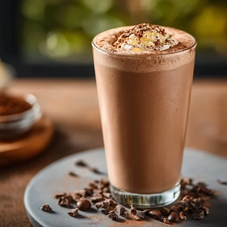 Delicious mocha protein shake in a glass topped with whipped cream