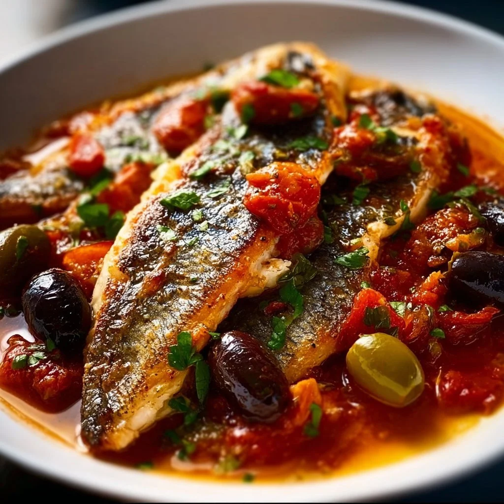 A delicious plate of modern Fish Puttanesca with fresh herbs and vibrant toppings.