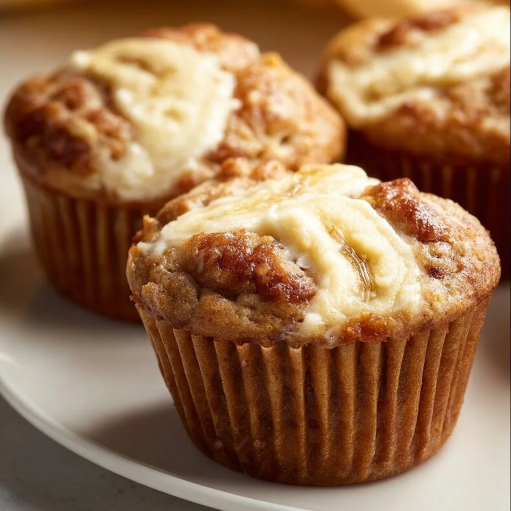 Moist banana muffins with cream cheese topping on a cooling rack