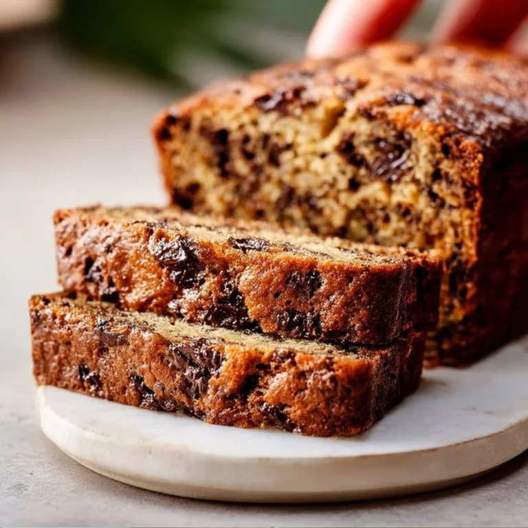 Moist chocolate chip banana bread with chocolate chunks and ripe bananas