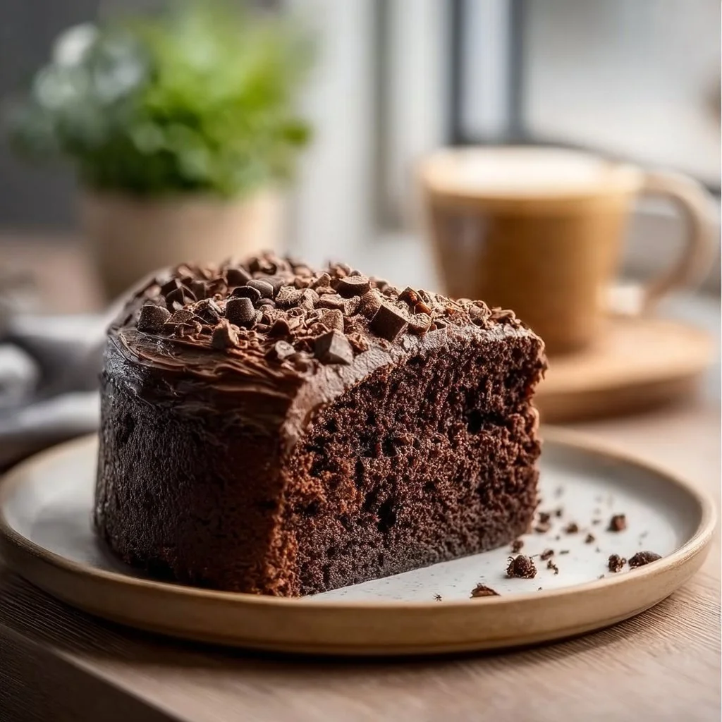 Moist chocolate coffee cake topped with chocolate frosting and coffee beans