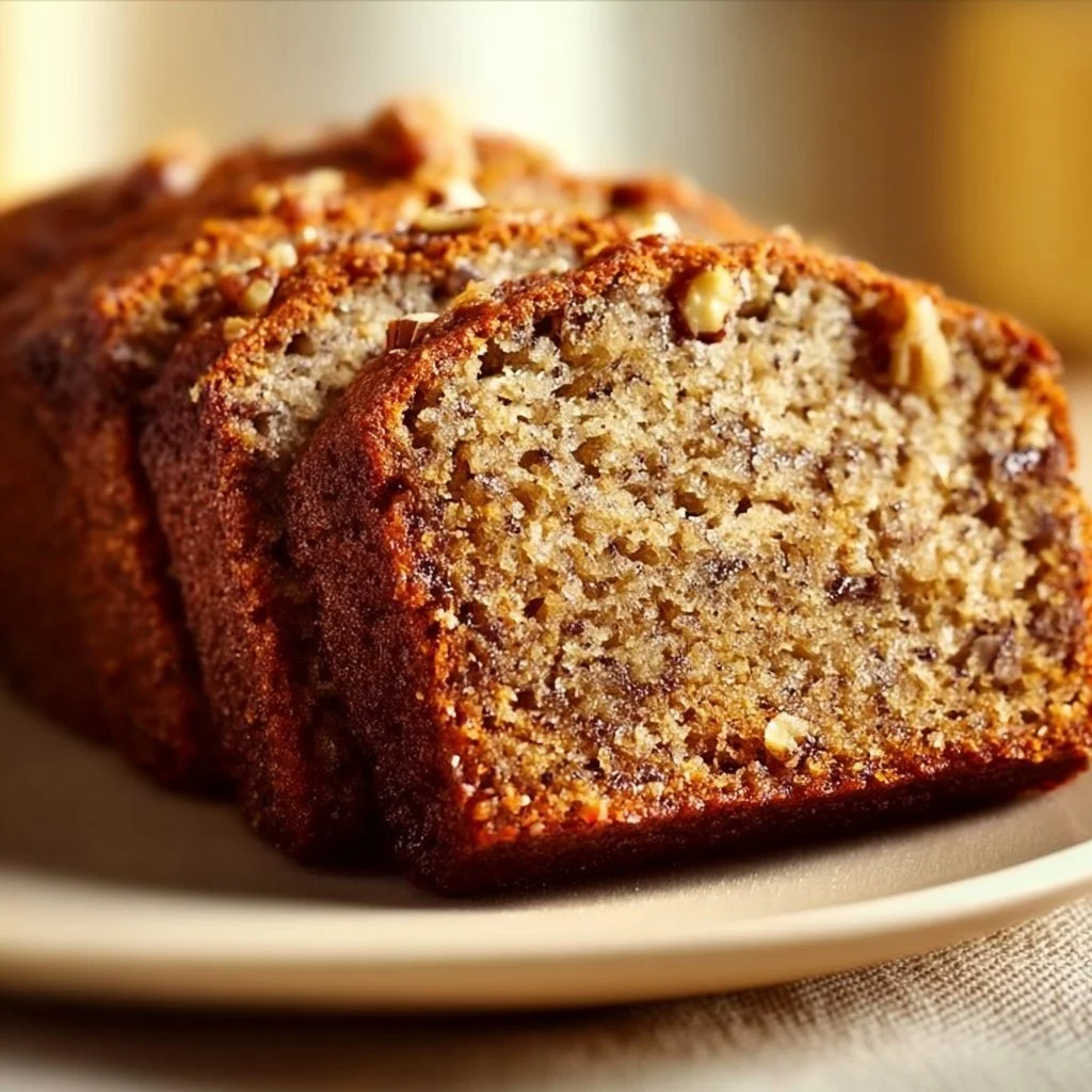 Delicious slice of Nana's secret banana nut bread topped with walnuts.