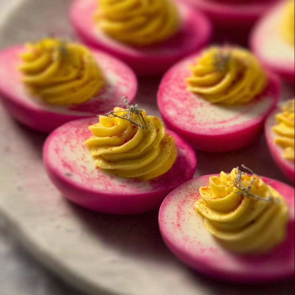 Natural pink Easter deviled eggs garnished with herbs on a white plate.