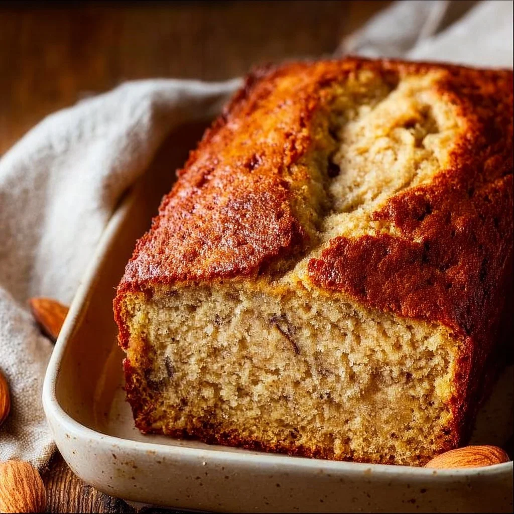 Nutty almond flour banana bread freshly baked on a rustic table