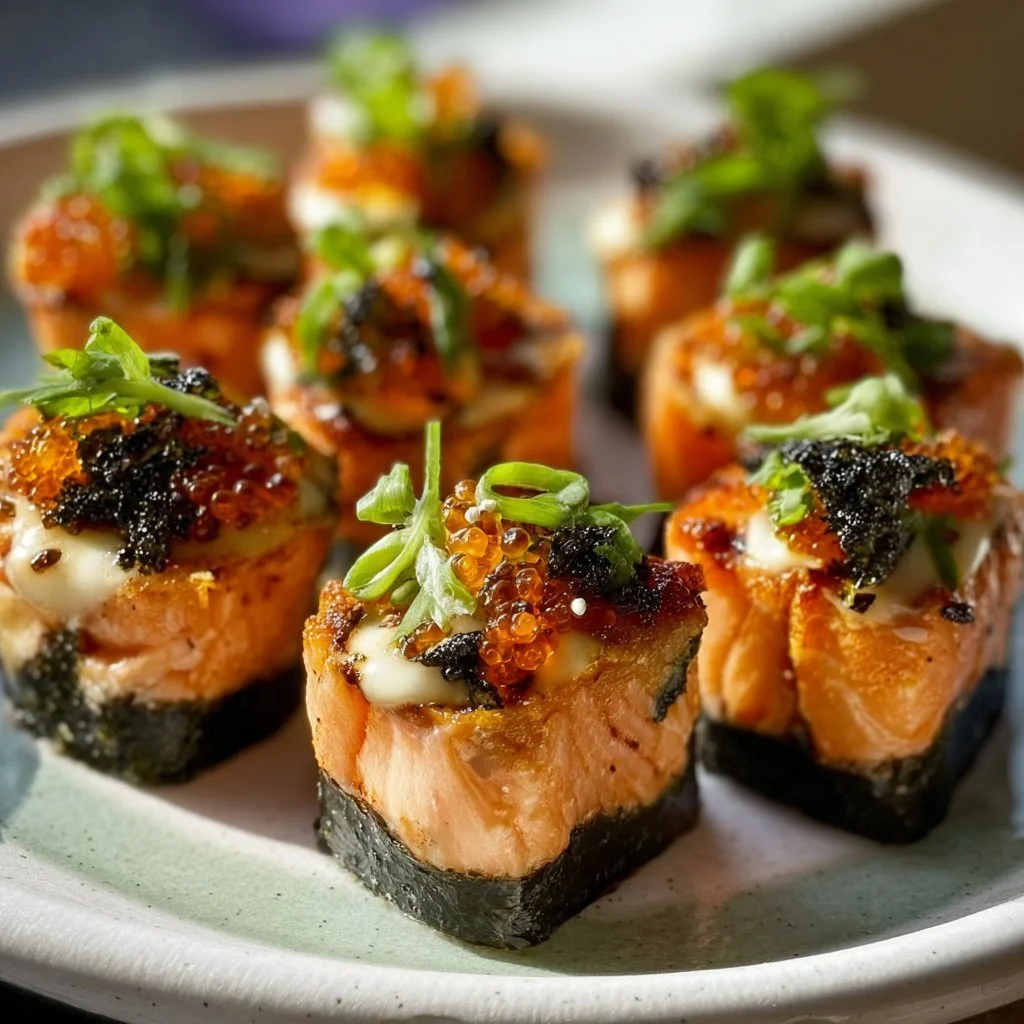 Oven-baked salmon sushi bites served on a plate with garnishes