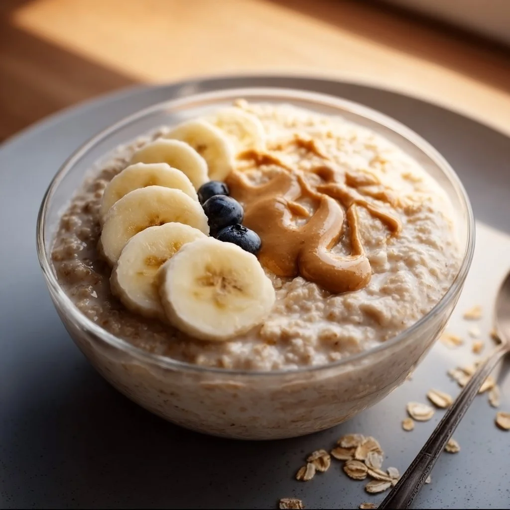 Bowl of Overnight Peanut Butter Banana Oats topped with banana slices and peanut butter