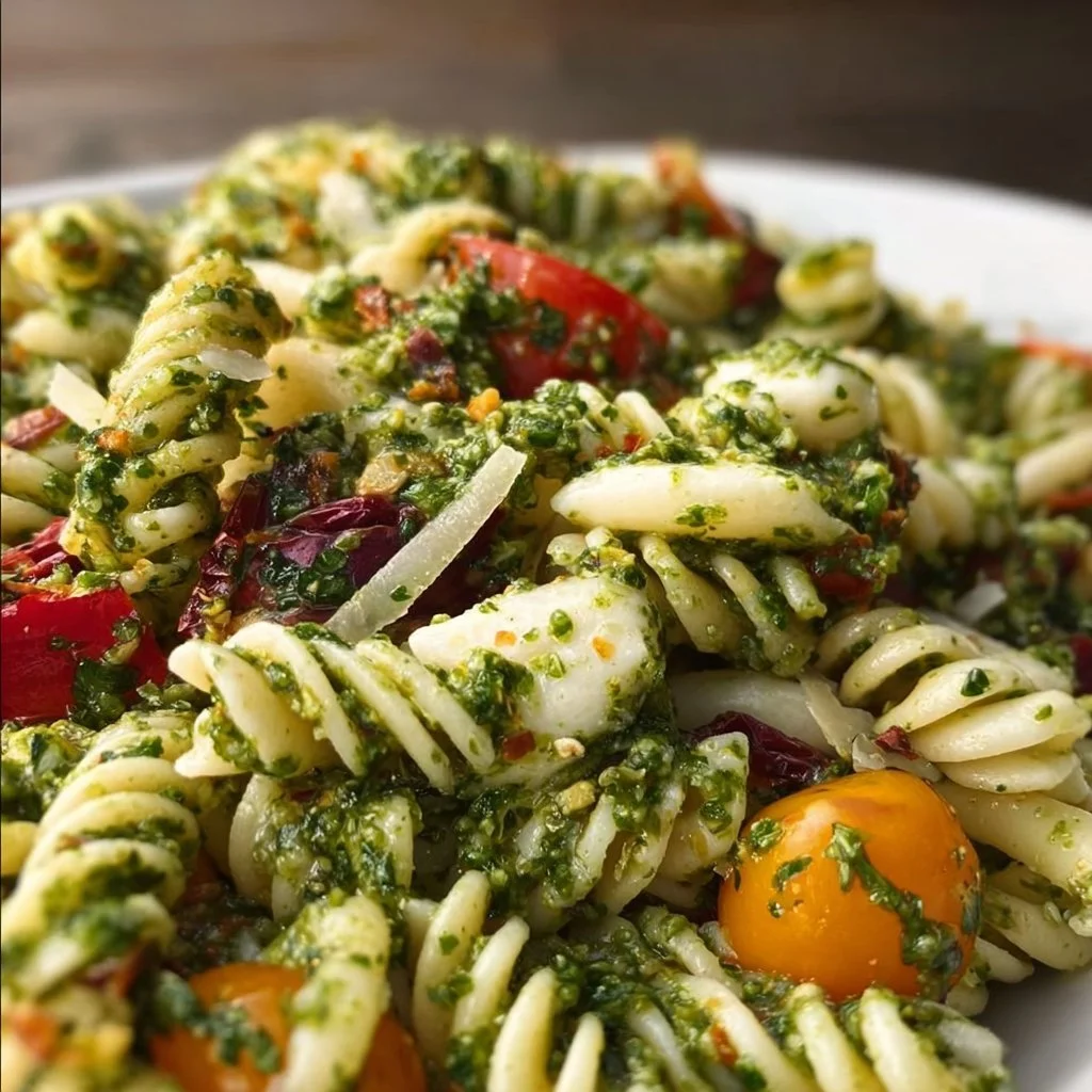 Pasta salad with fresh kale pesto topped with cherry tomatoes and feta cheese