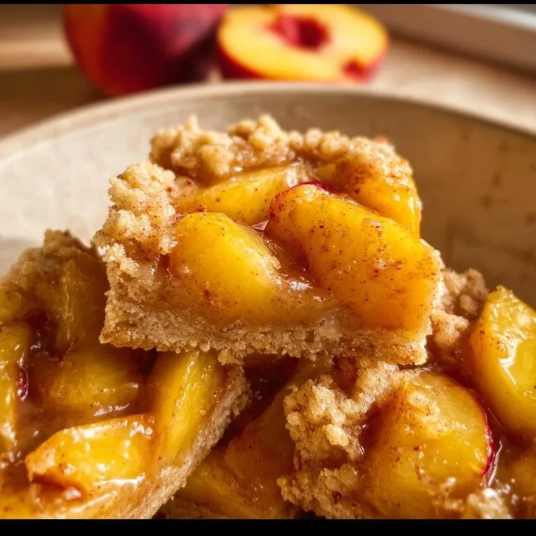Freshly baked Peach Crumb Bars with a golden crumb topping