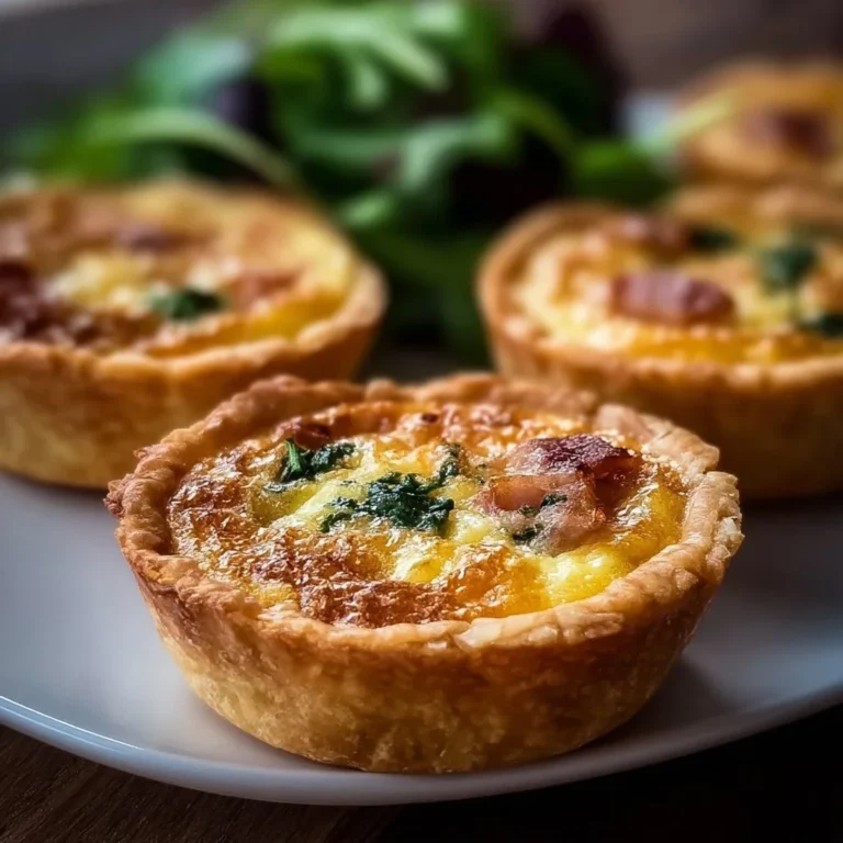 Deliciously baked perfect mini quiches on a serving plate.