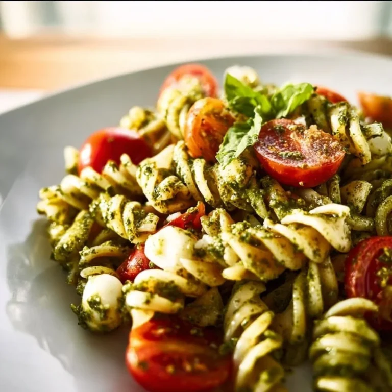Bowl of vibrant pesto pasta salad with cherry tomatoes and basil