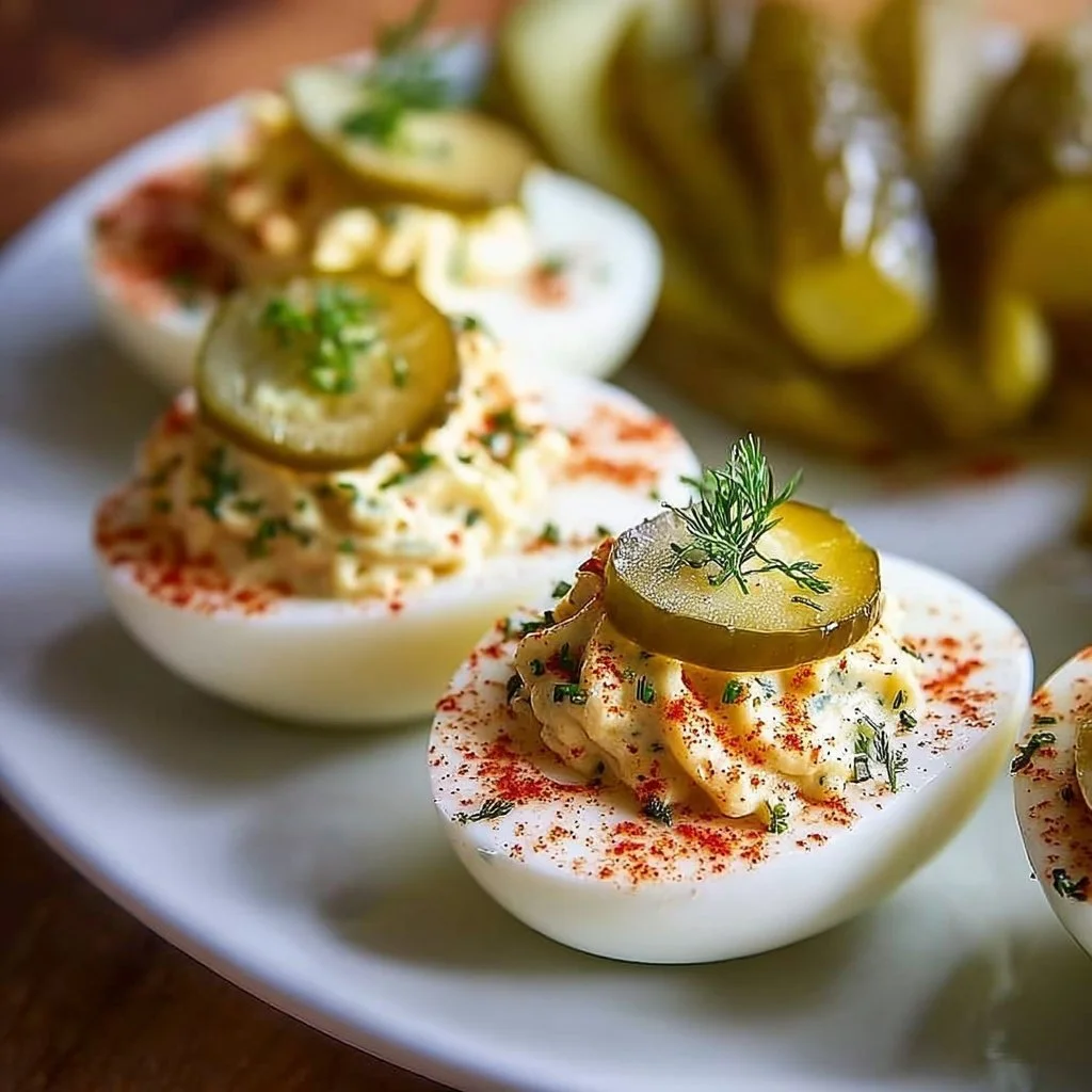 Plate of Pickle Lover Deviled Eggs with garnishes for a tasty appetizer.