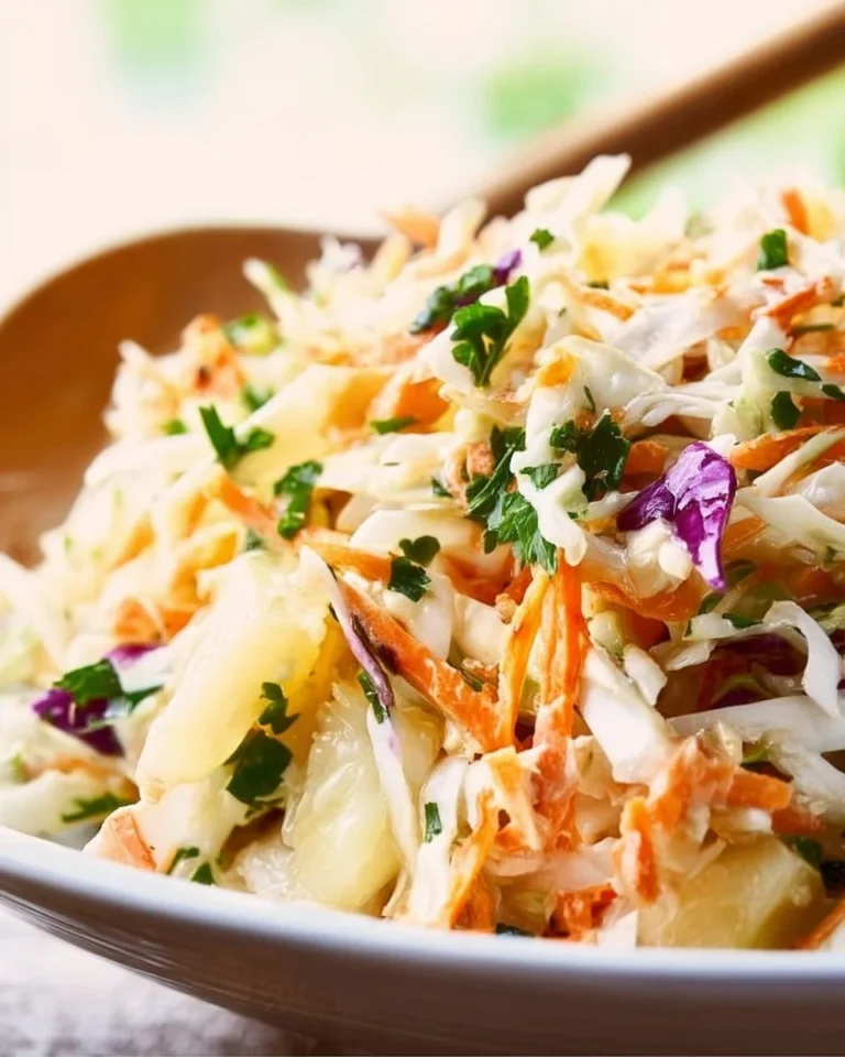 Bowl of colorful Pineapple Coleslaw with cabbage and pineapple chunks