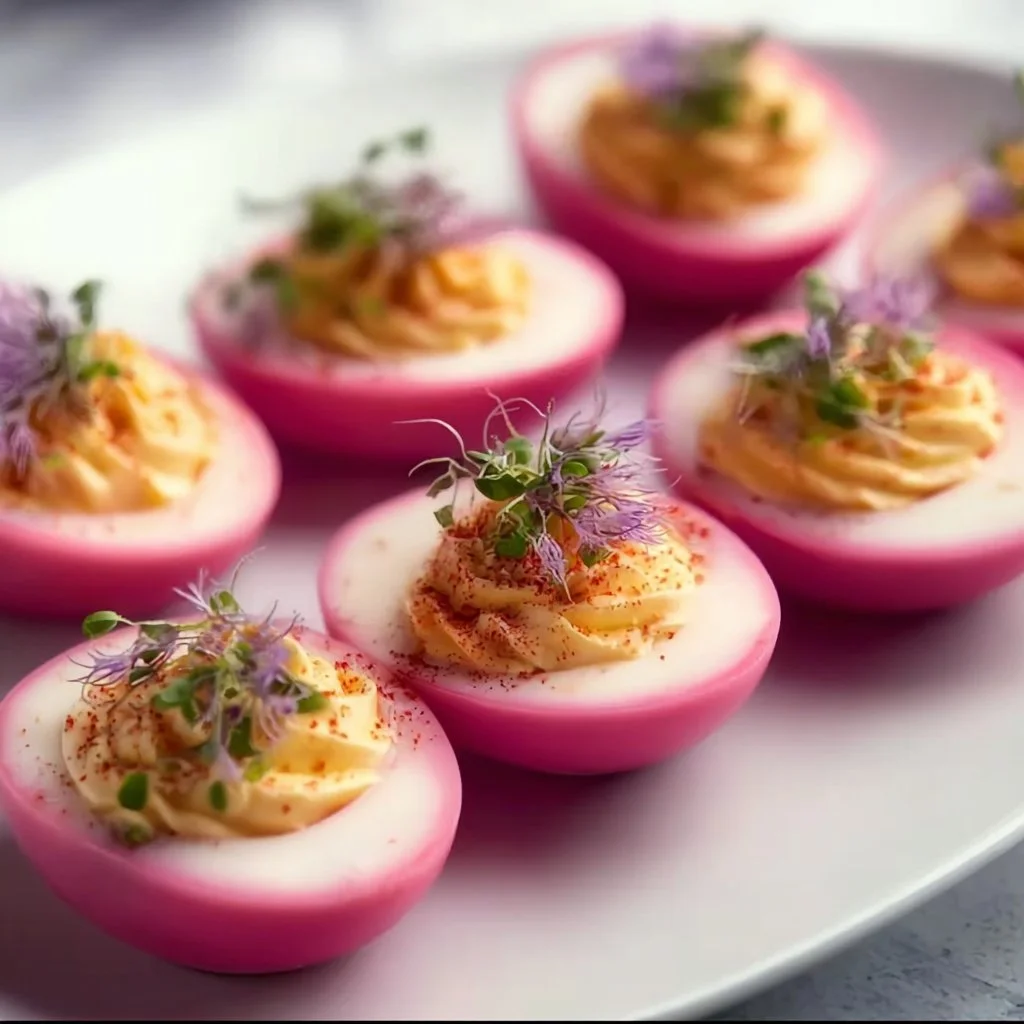 Vibrant pink deviled eggs, a creative twist on the classic appetizer