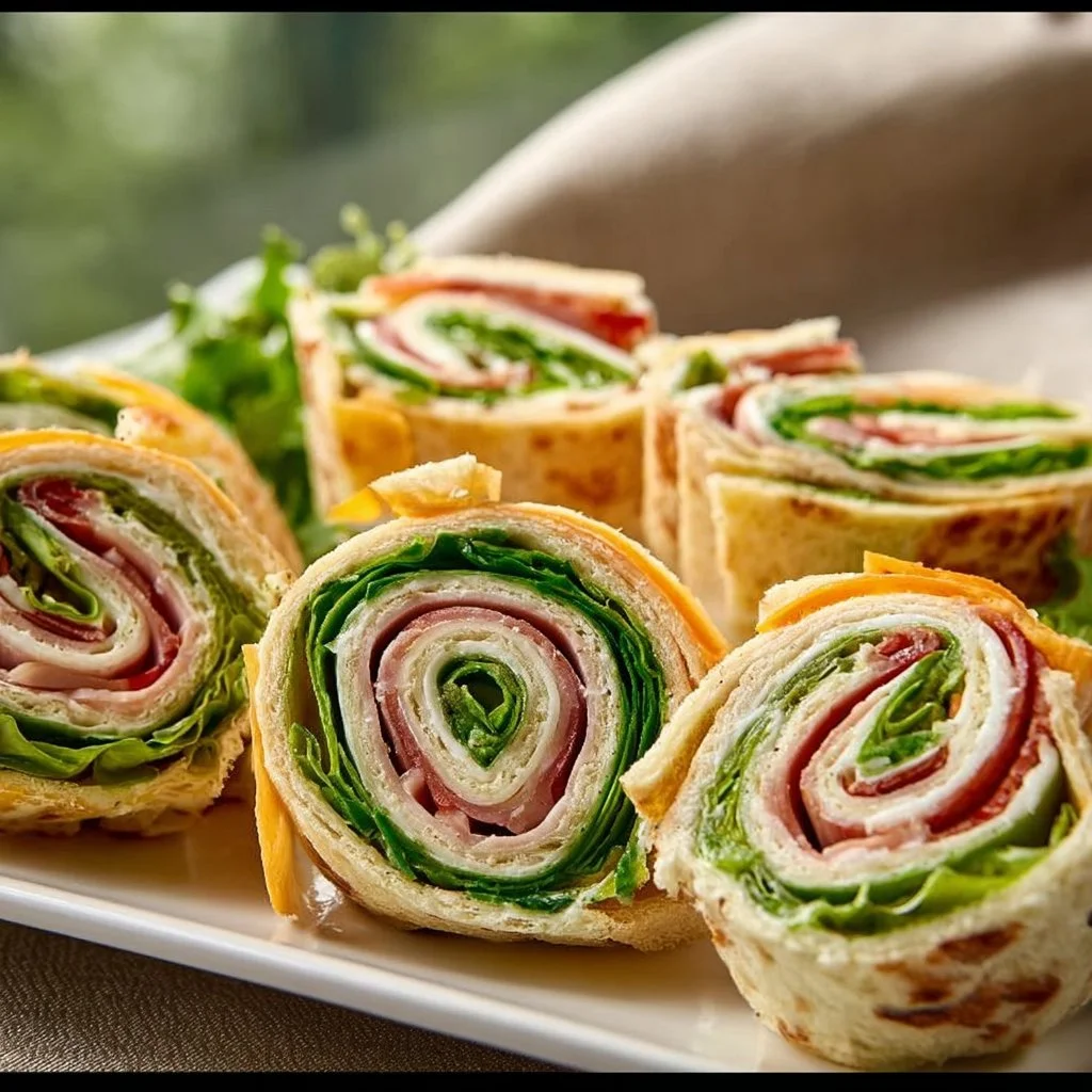 A colorful platter of pinwheel sandwiches filled with various ingredients.