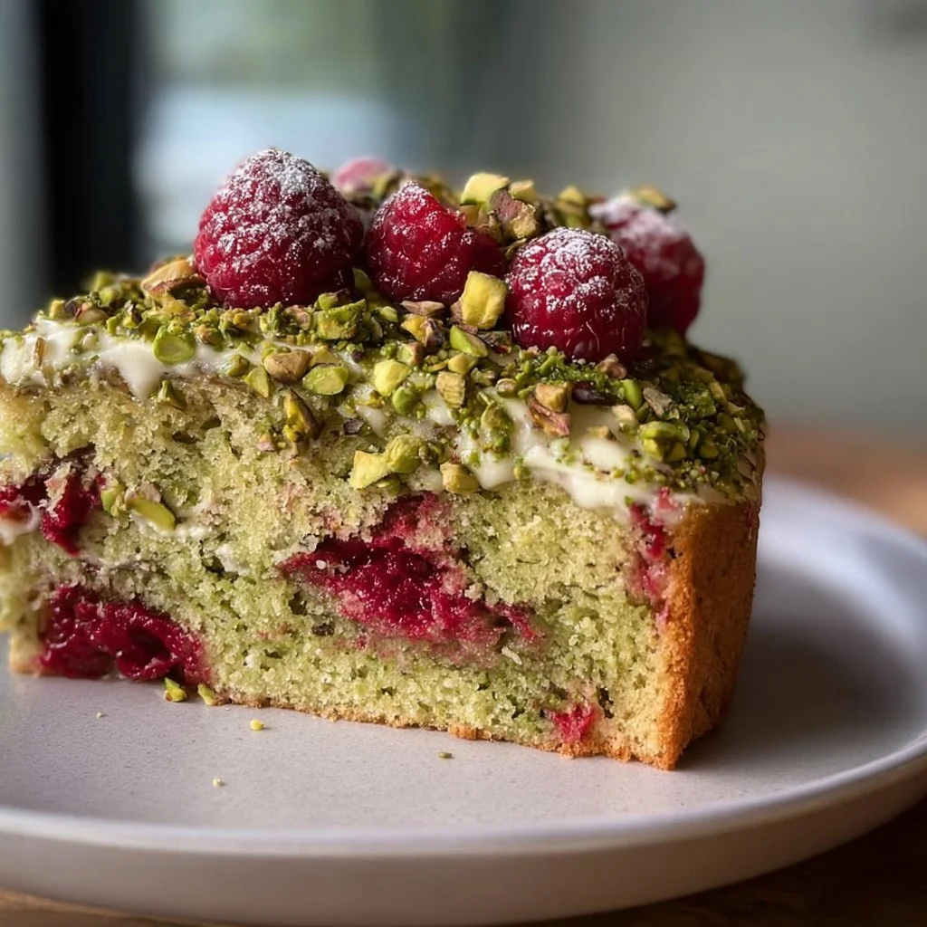 Delicious Pistachio Raspberry Cake with vibrant raspberries and nuts