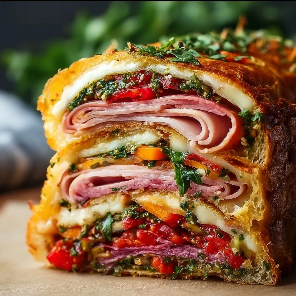 Pressed Italian picnic sandwich loaf with vibrant ingredients and herbs
