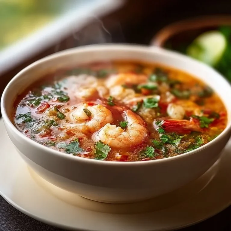 Bowl of quick and spicy shrimp soup with vibrant vegetables and herbs.