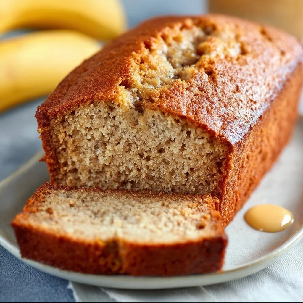 Quick Low Calorie Banana Bread freshly baked and served on a wooden table.