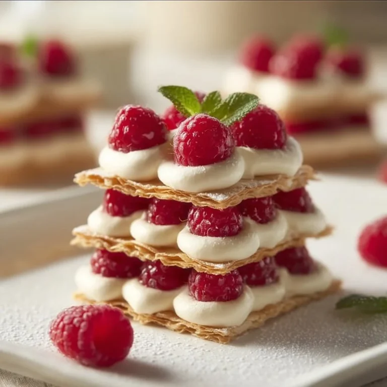 Delicious Raspberry Cream Napoleons layered with flaky pastry and fresh raspberries