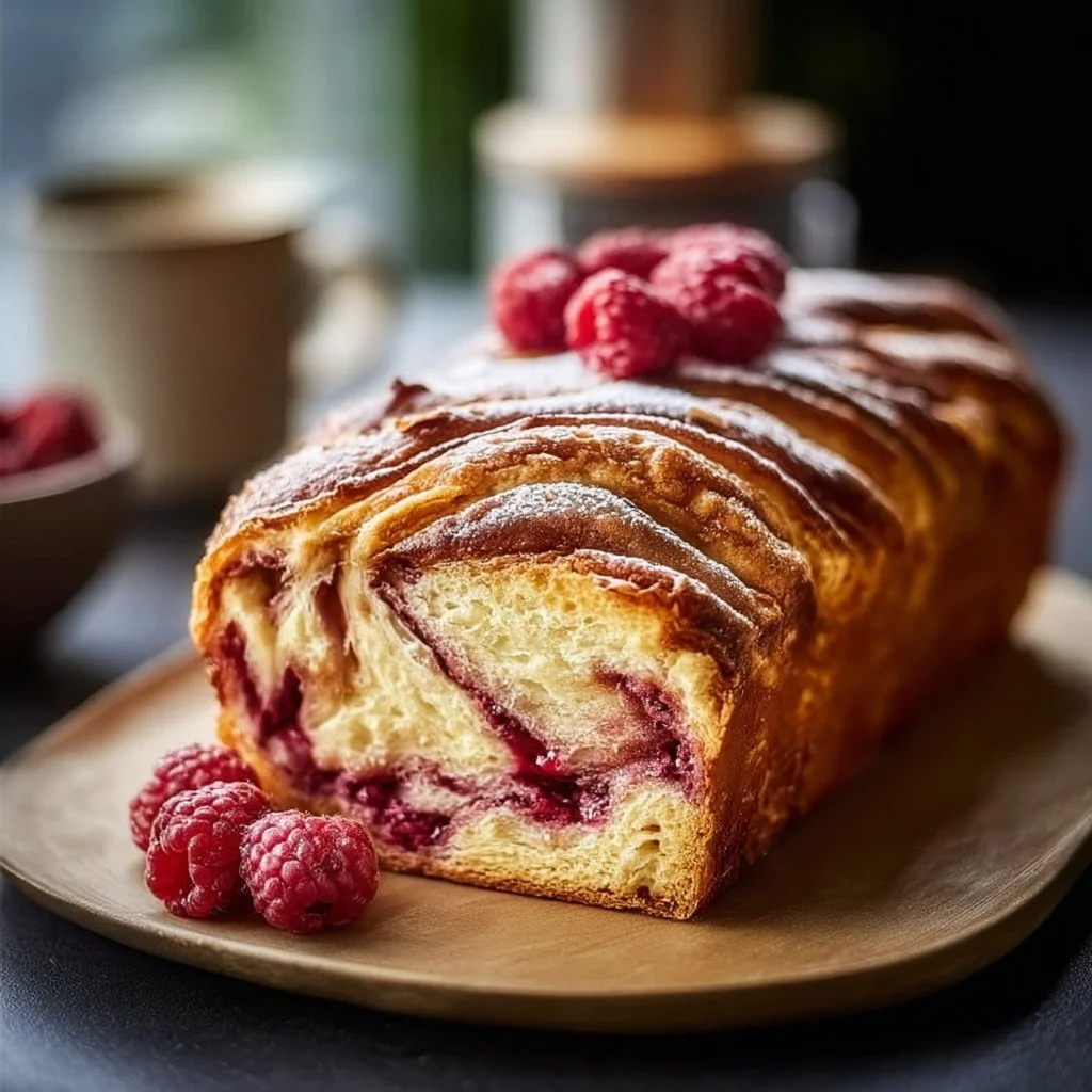 Freshly baked raspberry swirl brioche loaf on a wooden table