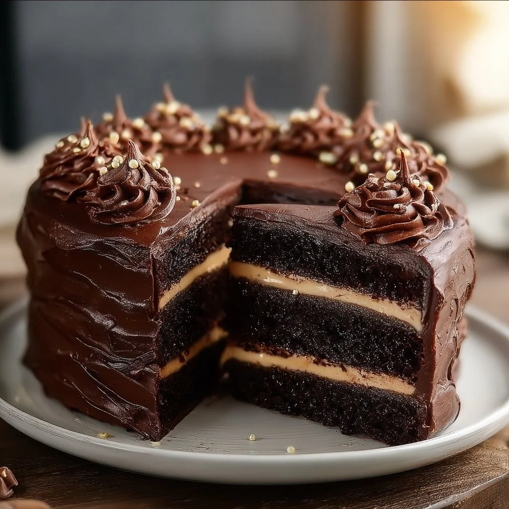 Delicious rich chocolate birthday cake with frosting and decorations