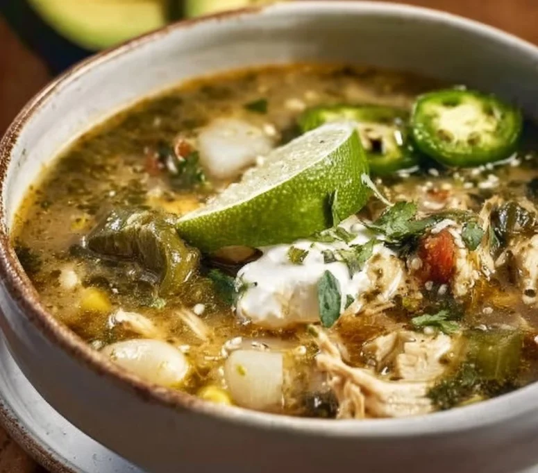 Rich green chicken chili soup in a bowl garnished with cilantro and lime