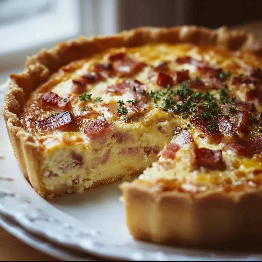 Savory bacon and cheese quiche baked to perfection, ideal for brunch.