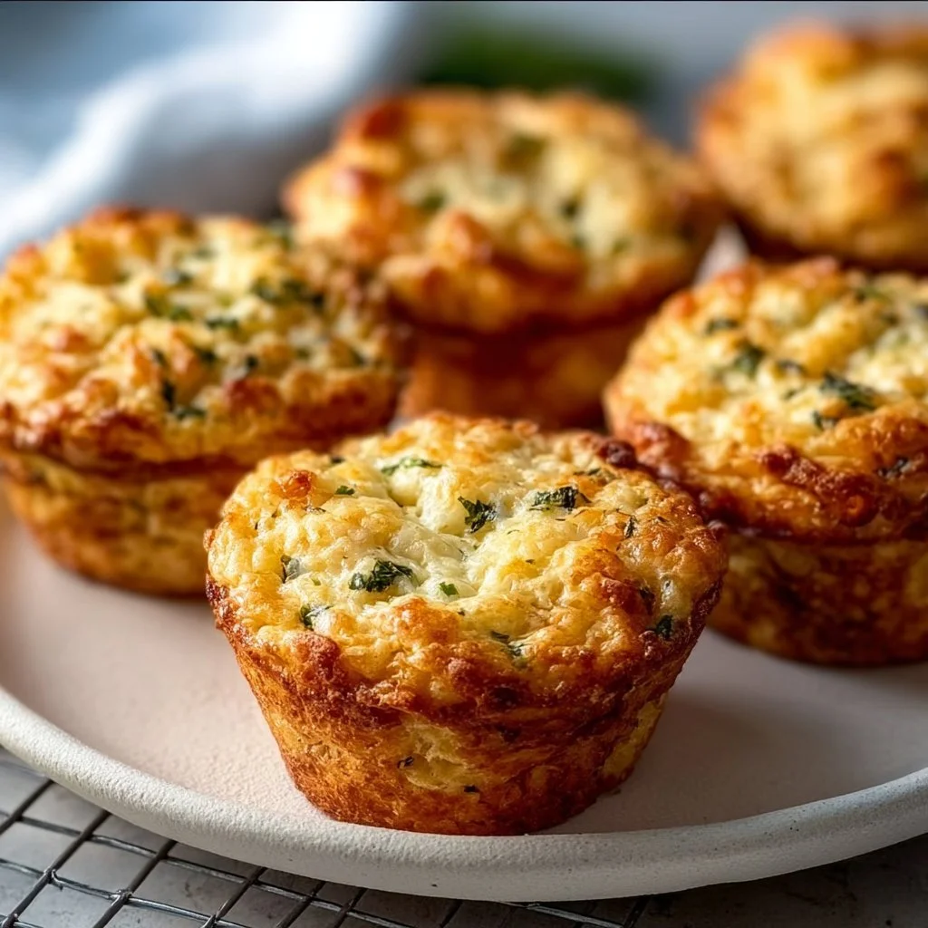 Savory cottage cheese muffins fresh out of the oven served on a plate