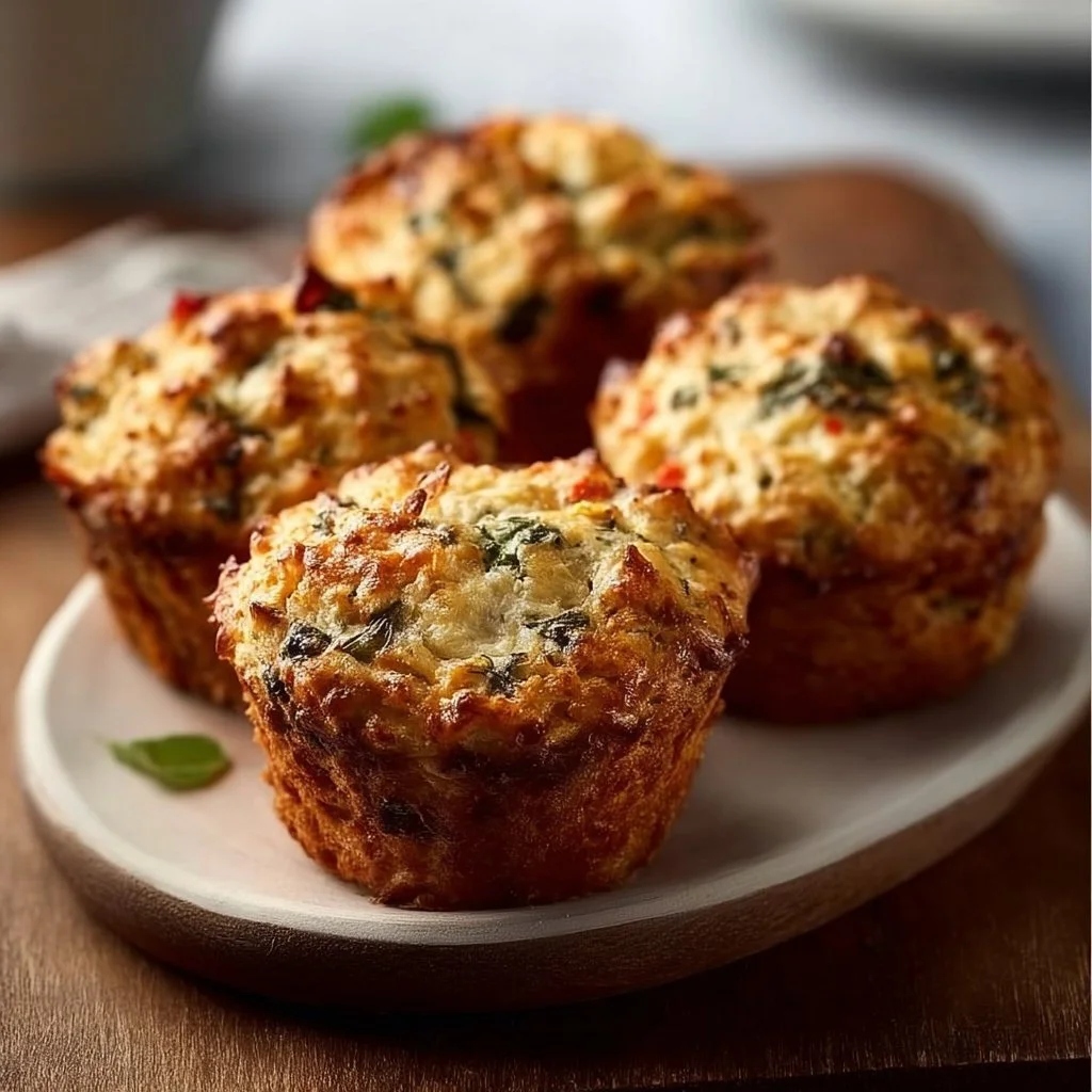Freshly baked savory muffins with herbs, cheese, and vegetables